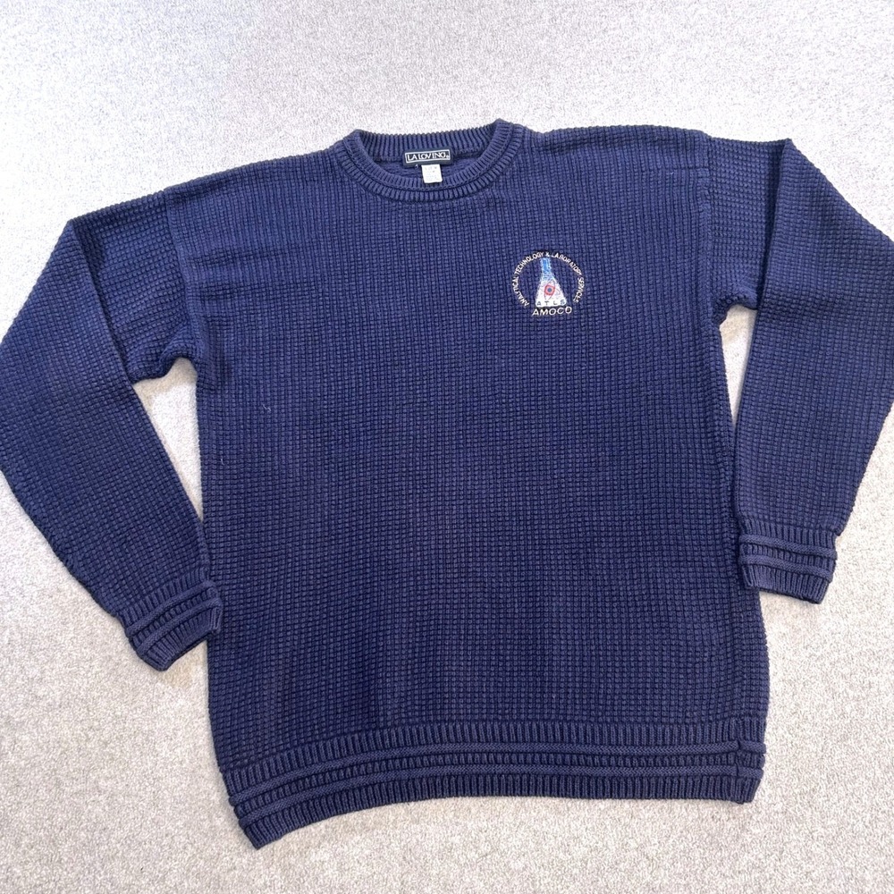 Vintage‎ Amoco Sweater Mens Medium Waffle Knit Blue Crewneck ATLS Oil Gas 90s